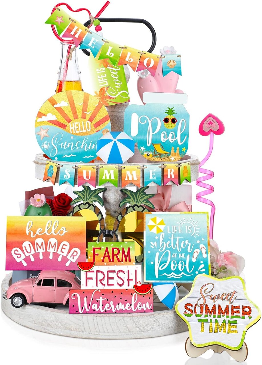 22 Pieces Summer Tiered Tray Decor Sets Farmhouse Hello Summer Wood Sign Rustic Beach Home Decor Summer Table Decorations Small Hawaiian Wooden Plaque for Shelf Kitchen Tabletop (Printed Style)